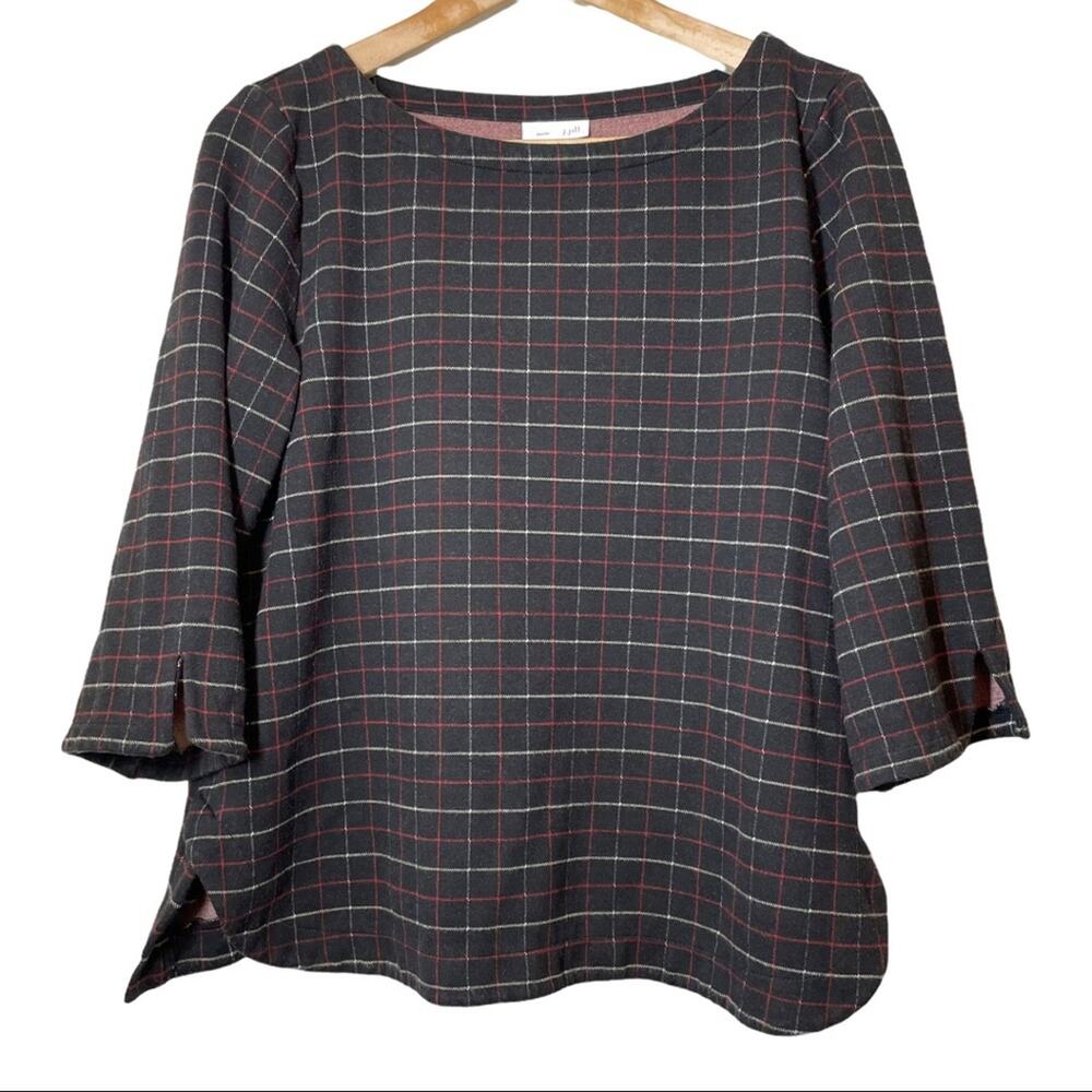 J Jill Ponte Knit Black Windowpane Top Medium Petite 3/4 Sleeve